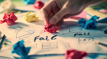 A Hand Is Writing The Word Fail On A Piece Of Paper. The Paper Is Covered In Crumpled Up Paper, Which Suggests That The Person Is In The Process Of Brainstorming Or Working On A Project