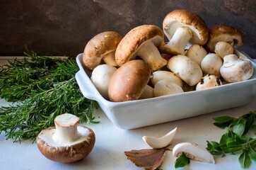 champignons de Paris dans un plat, prêts à être cuisinés