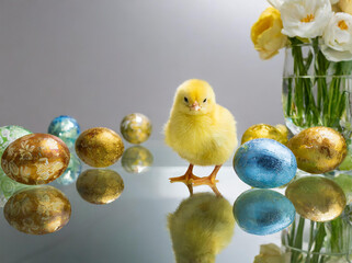  Easter. Yellow chick next to eggs on black table, studio, light background