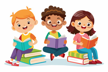 Sticker - kids with books vector art illustration