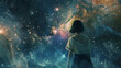 Amidst the void a girl in a Japanese school uniform eyes as deep as the universe stares into the infinite cosmos. 