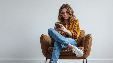 Wall Mural - Woman is sitting comfortably in a chair, smiling and looking at her smartphone