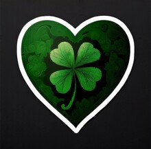 Four-leaf Clover In Green Heart With White Frame On Dark Background. Green Four-leaf Clover Symbol Of St. Patrick's Day.