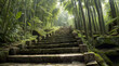 A stone staircase in bamboo forest. The steps are covered in moss. Generative AI