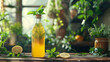 Clear glass bottle of refreshing mint lemonade with lemon slices, standing on a wooden table against a window