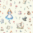Watercolor wonderland seamless pattern background. Alice in Wonderland.
