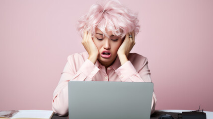 Wall Mural - Stressed woman, sitting at a desk, holding her head in her hands against pink background