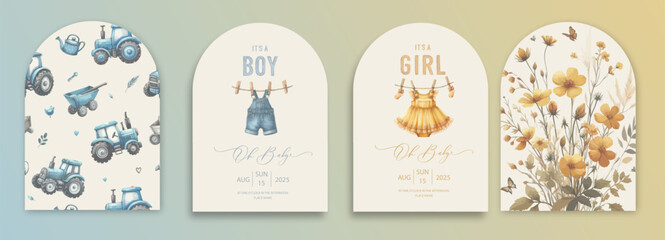 Cute baby shower watercolor arch invitation card with clothes for newborns drying on a rope.