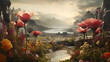 watercolor illustration,
fantastic landscape with exotic flowers on the background of the sunrise in the mountains.
