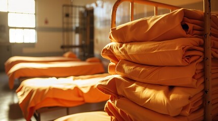 Wall Mural - orange prisoner suits folded inside a day cell in high resolution and quality