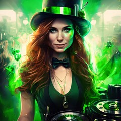 Wall Mural - Illustration of young girl DJ with green hat and green top on green background. Green color symbol of St. Patrick's Day.
