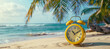 yellow alarm clock on a tropical beach near the ocean and palm trees, rest time, vacation, travel