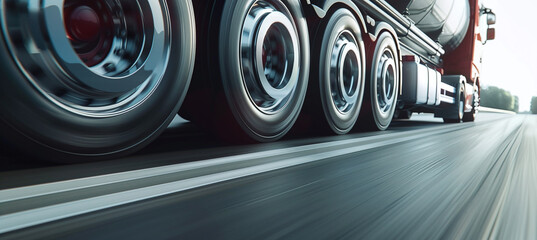 Close-up of wheels in motion from an articulated truck driving on a highway