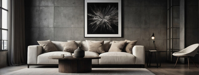 Wall Mural - Rustic cabinet and white tufted sofa against a concrete wall with art poster, defining a modern and minimalist living room in an urban home interior.