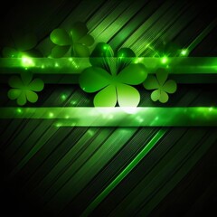 Wall Mural - Abstract mirroring, bright lights, green stripes and clovers. Green four-leaf clover symbol of St. Patrick's Day.