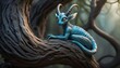 A tiny, horned creature with opalescent scales and luminous eyes, its serpentine tail coiled around a gnarled tree branch as it surveys its domain with an air of ancient wisdom.