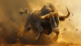 Bull running in the dust. Bull with big horns in bullfight