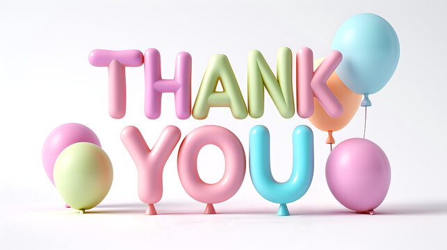  words “THANK YOU” spelled out with pastel balloons against clean, white background