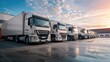 © yusufadi - Close up fleet of trucks parked in front of warehouse to delivering factory goods. AI generated