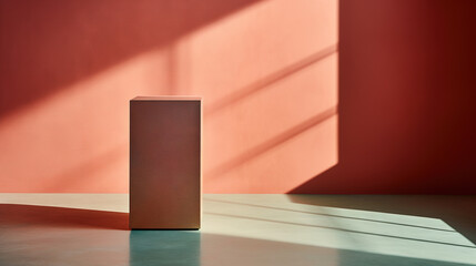 Sticker - Pedestal in colorful room with shadows on the wall. Rich colored podium scene for product display.