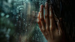 Hand of young woman melancholy and sad at the window in the rain