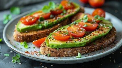 Wall Mural - A fresh avocado toast on a white plate, garnished with cherry tomatoes and sesame seeds, positioned on the right side of the image against a light grey background, leaving space for text on the left