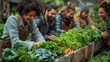 A group of city dwellers gathered around wooden raised garden beds, their hands busy harvesting crisp lettuce and vibrant carrots, sharing laughter and tips for sustainable living