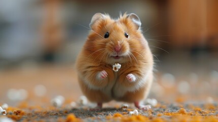 Wall Mural - A hamster out of its cage, rolling around the house in a clear exercise ball, navigating between furniture legs and pausing to nibble on a found piece of popcorn, enjoying its little adventure