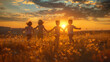 happy smiling kids running at sunset
 in the park,ai