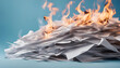 A pile of burning papers with flames and smoke rising from them against a blue background