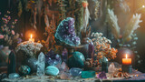 Fototapeta  - A mystical and sublime Crystal shop with precious stones, dried flowers, and candles in moody lighting. A variety of crystals are on the table including; Alexandrite, Peridot, Beryl, Moldavite.
