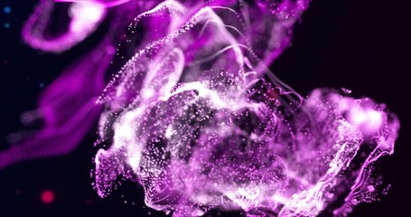 Poster - Animation of glowing pink particle waves and red and blue flashes moving on black background