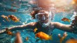 Young woman snorkeling underwater in tropical coral reef with fishes. Snorkeling concept 