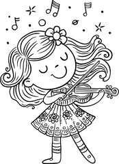 Wall Mural - Cute cartoon girl plays music on the violin while standing on stage. Outline vector illustration. Coloring book page for kids