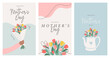 Happy Mother's Day vector social media template set. Greeting card with single line drawing, abstract shapes and tulips. Trendy floral background for stories, posts and streaming. Flat illustration