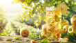Inviting glass of iced apple drink placed among apple branches, highlighting the beauty of orchard fruit