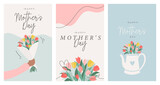 Fototapeta Do pokoju - Happy Mother's Day vector social media template set. Greeting card with single line drawing, abstract shapes and tulips. Trendy floral background for stories, posts and streaming. Flat illustration