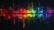 Abstract paint splatter and brush strokes on a black background with a rainbow color palette.