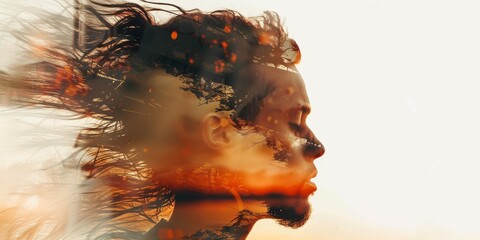 Wall Mural - A blurry image of a man's face with a sunset in the background