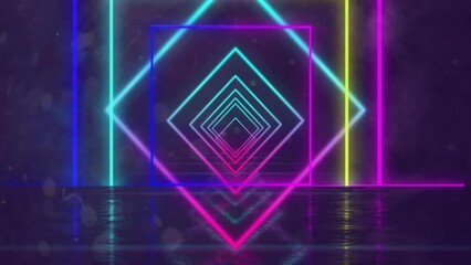 Poster - animation of colourful neon line squares and diamond tunnel moving on dark background