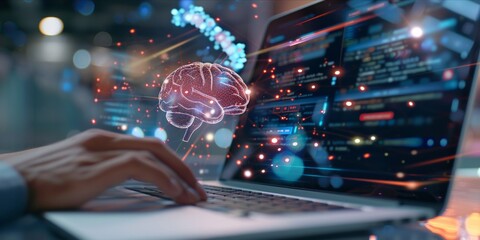 Person typing on a laptop with AI brain interface graphics.