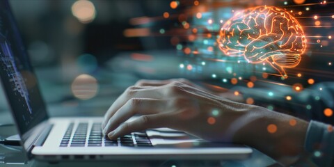 person typing on a laptop with ai brain interface graphics.