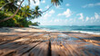 Close-up of a wooden plank pathway leading to a serene tropical beach with palm trees and clear sky.