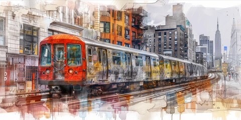 Wall Mural - Artistic drawing of a cityscape and subway train