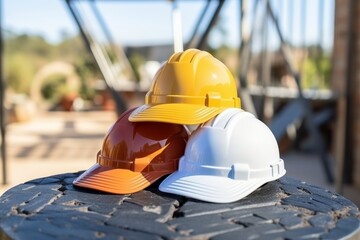 Multicolored construction worker hats for safety and teamwork in engineering and construction