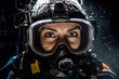 Female diver in diving mask underwater portrait on dark background