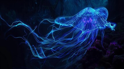 Wall Mural - mysterious deep sea creatures glowing in the dark depths of the ocean, with bioluminescent colors an