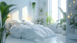 A bedroom bathed in morning sun with white aesthetics and scattered green plants creating a natural vibe
