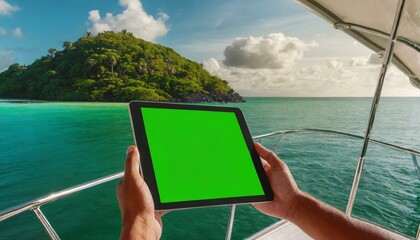 Hands holding a tablet with empty mockup chroma key green screen on a tropic exotic vacation. Boat trip around an island in the ocean