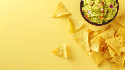 Guacamole in a bowl with nacho chips on a yellow background. Flat lay composition with copy space. Mexican cuisine and snack concept for design and print.